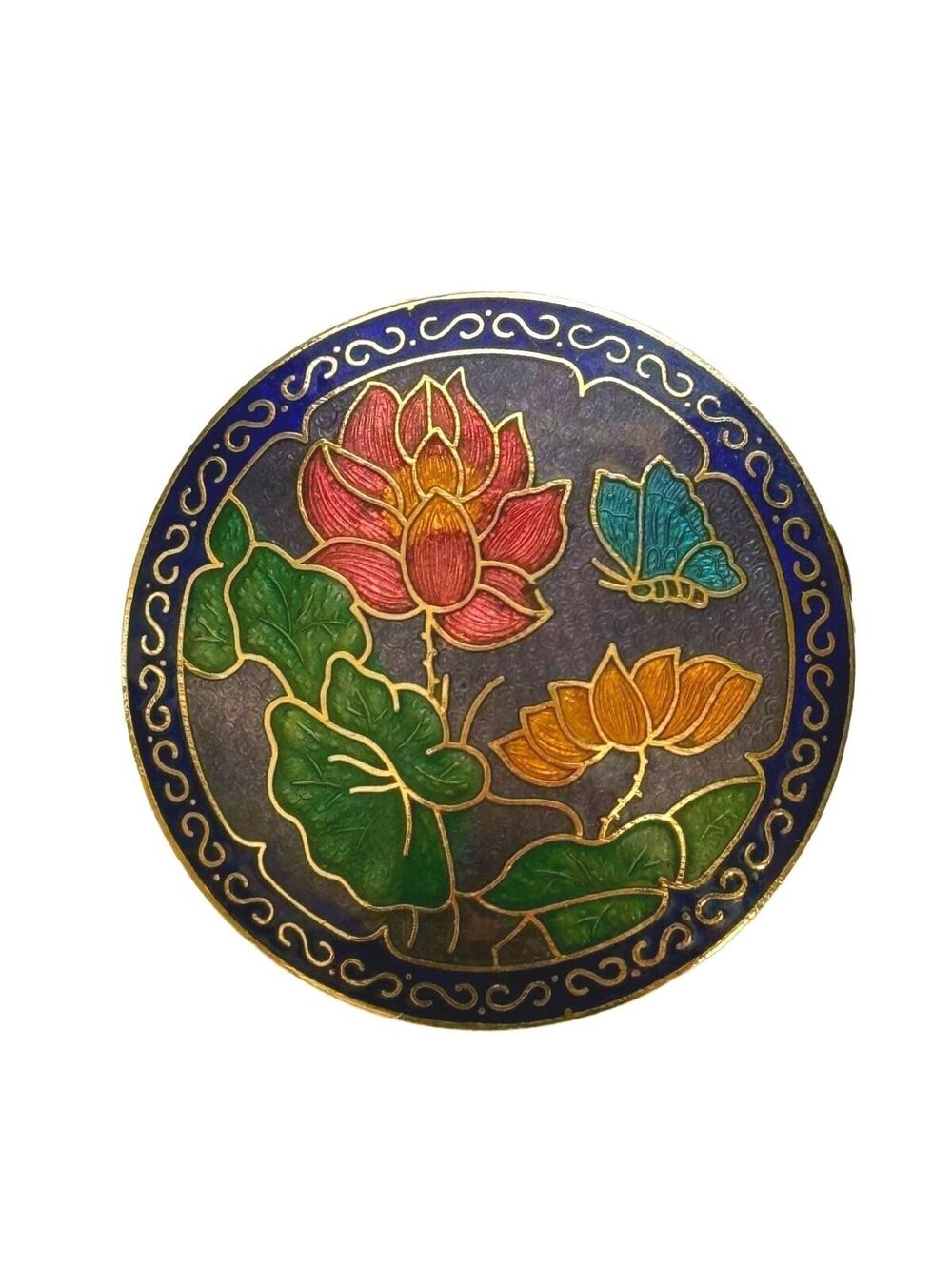 Vintage Cloisonné Brooch Lotus Flower Butterfly Blue Enamel Gold Tone Round